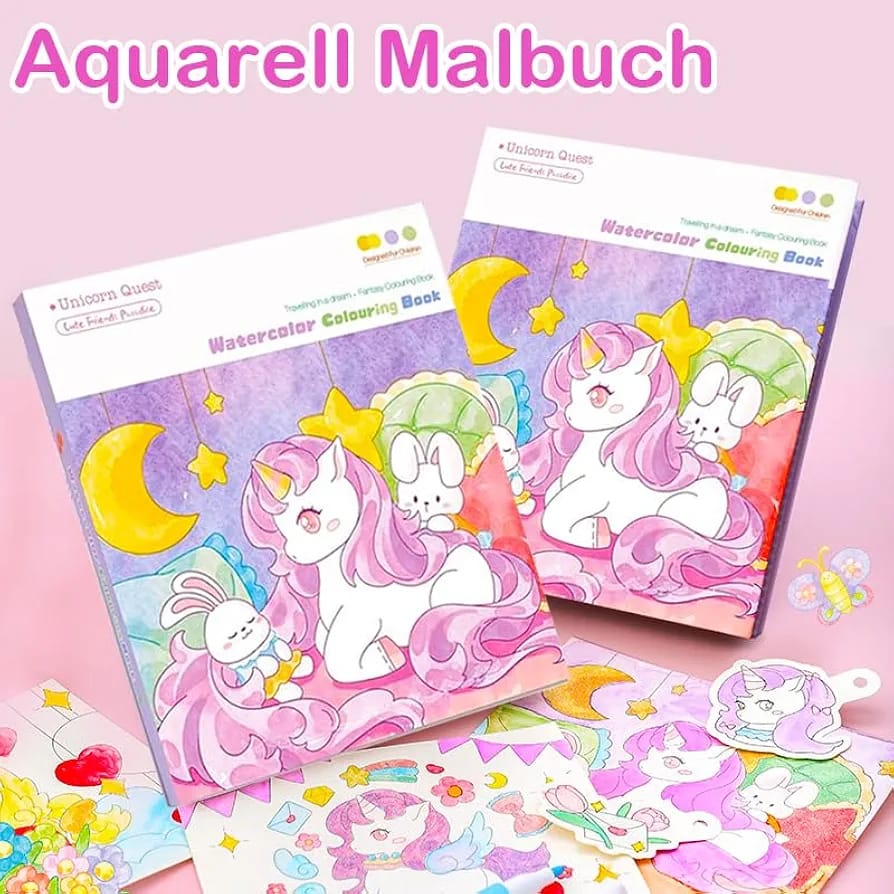 Unicorn Quest watercolor coloring book with fantasy designs and complete premium paint palette set including water brush - enchanting kids art set for magical creative expression