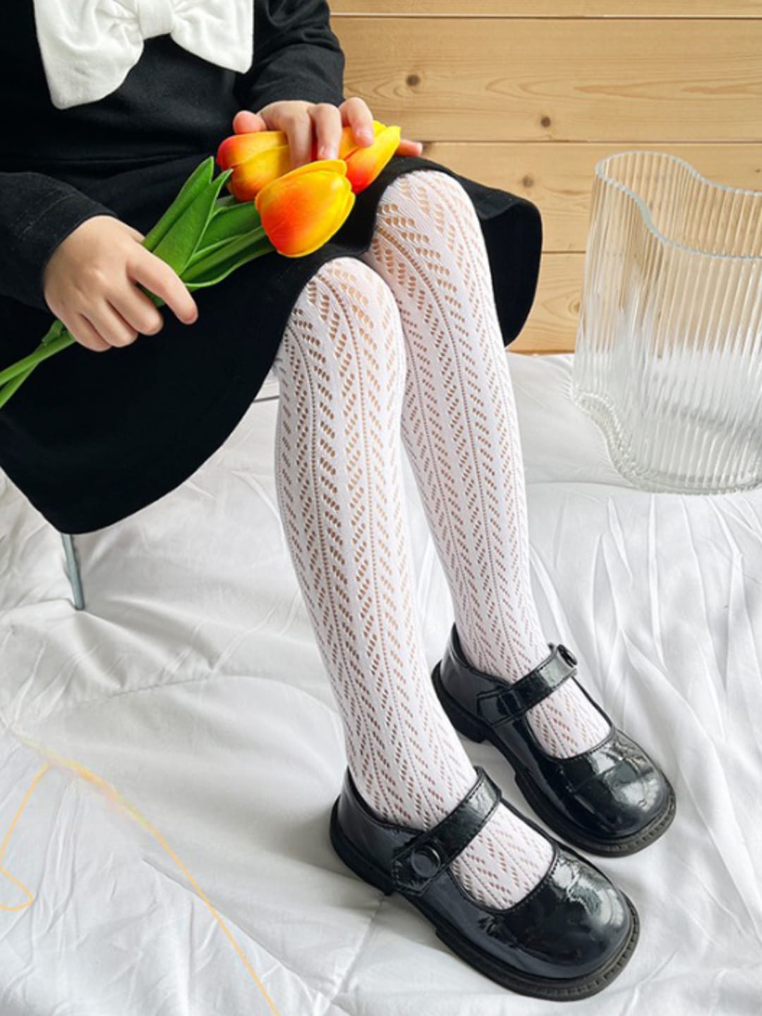 Girls Lace Fishnet Pantyhose with Elastic High Waist - Soft Acrylic Kids Tights (Black & White)