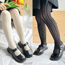 Girls Lace Fishnet Pantyhose with Elastic High Waist - Soft Acrylic Kids Tights (Black & White)
