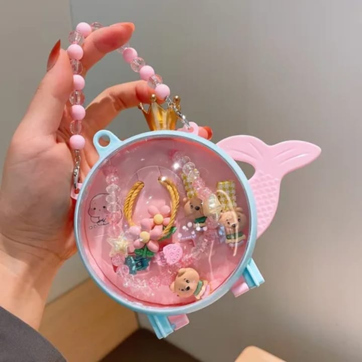 MIO mini cute princess angel shape handbag in pink and blue with complete hair accessories, clips, ties and jewelry collection - adorable girls fashion gift set