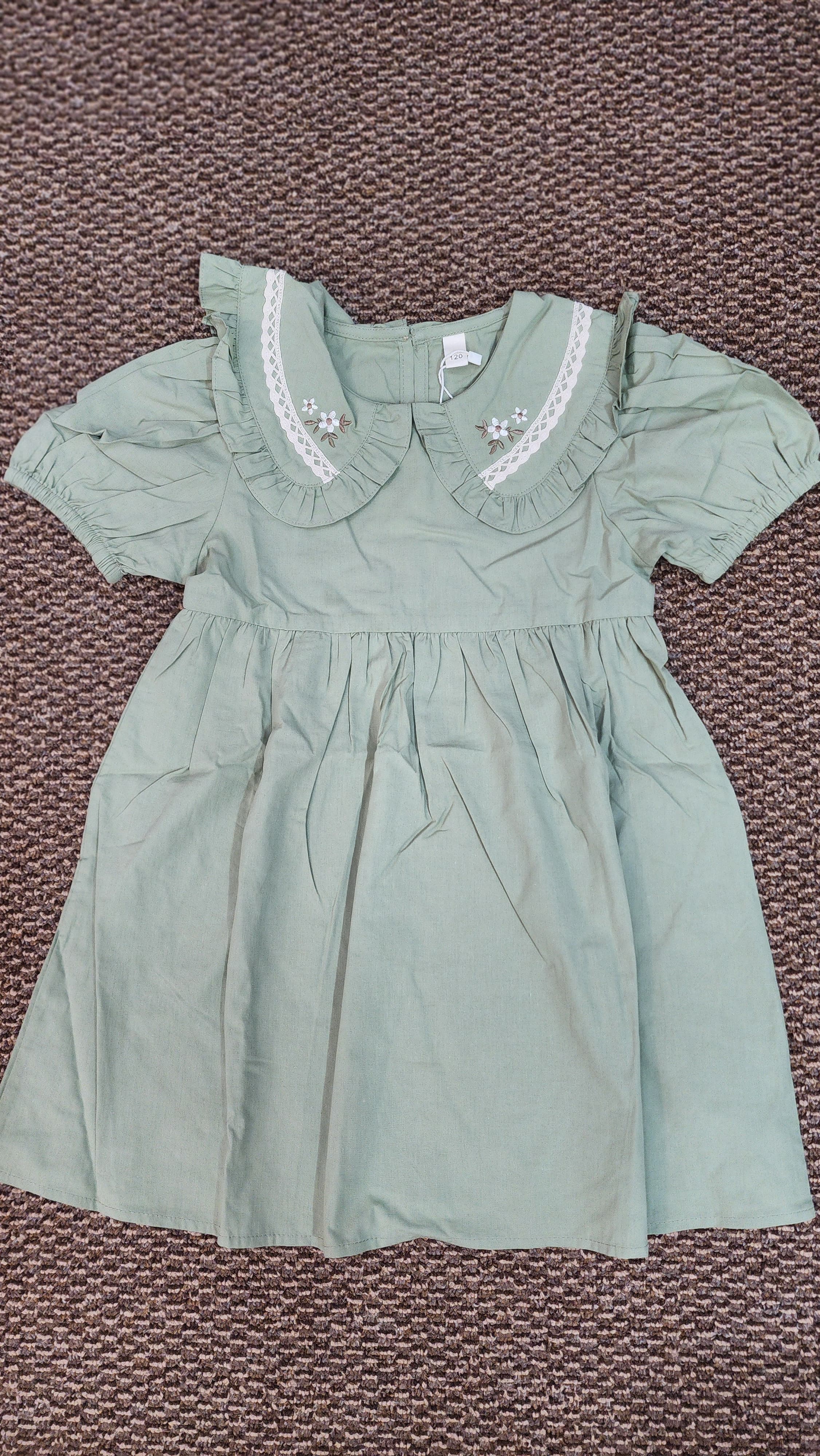 Bamboo Green Peter Pan Collar Cotton Dress – Classic Short Sleeve Design