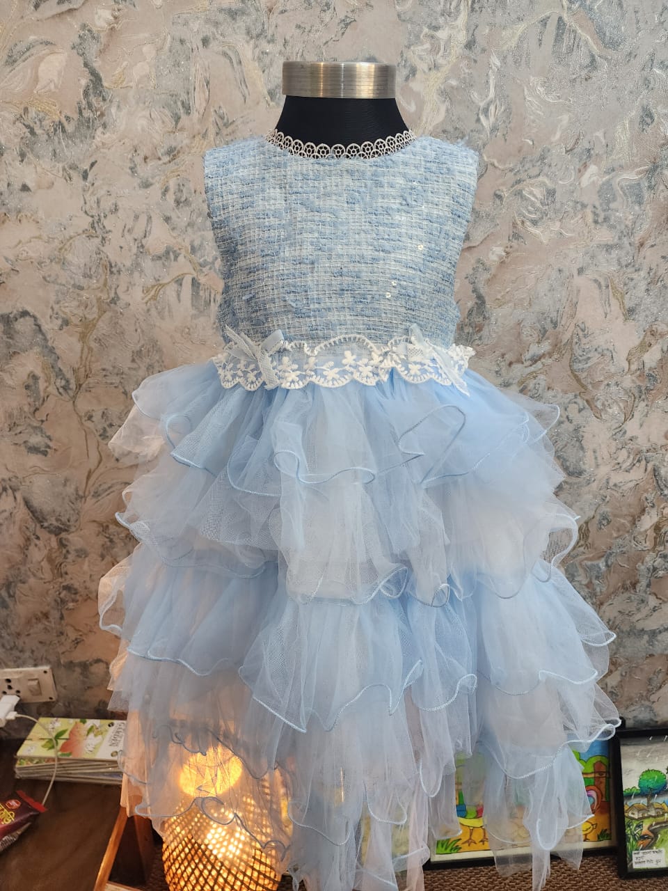 Stylish Lite Blue Baby Girl Winter Dress with Layered Bushy Frock & Fancy Jacket