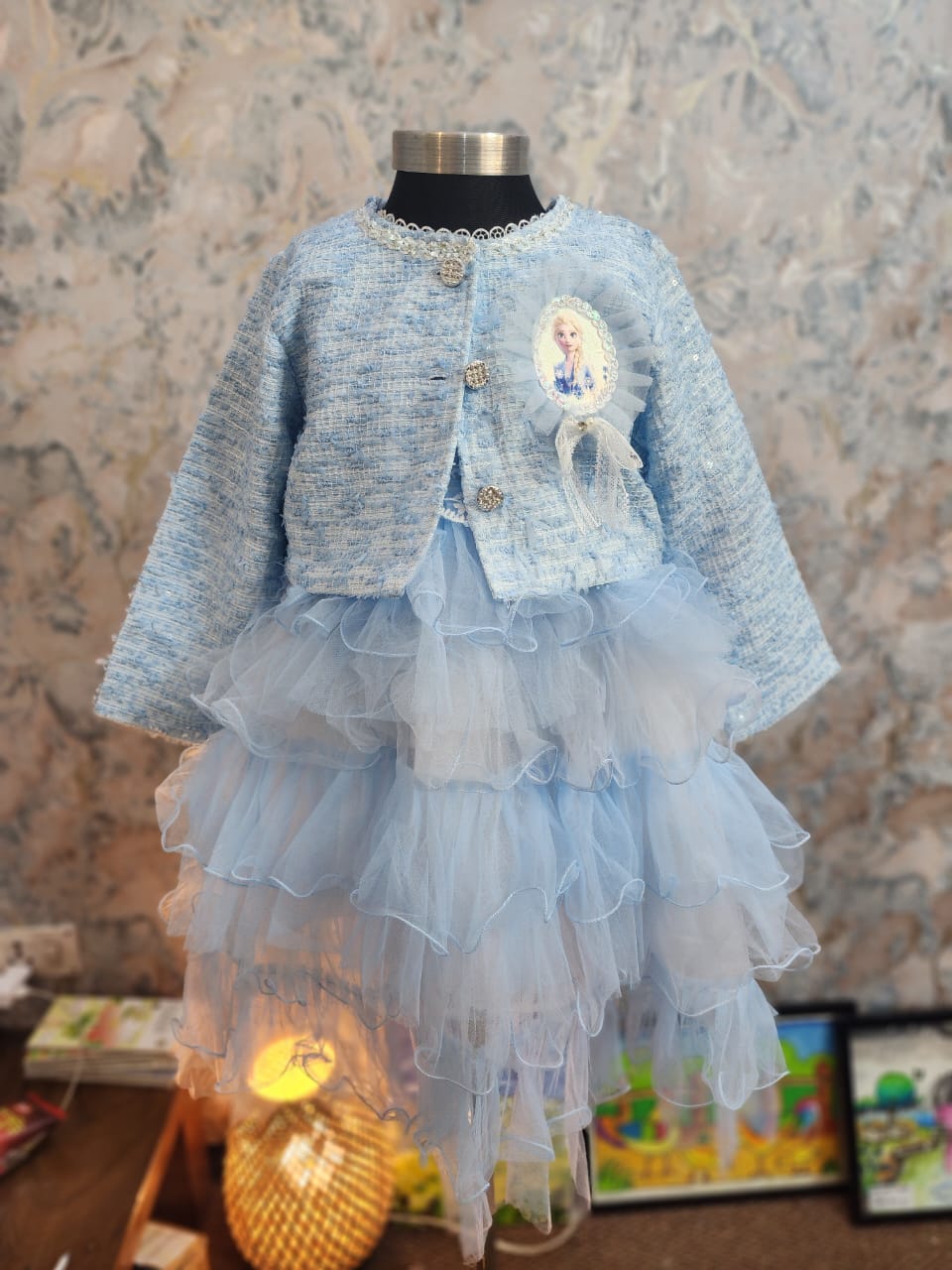 Light blue layered bushy frock baby girl winter dress with matching fancy jacket, perfect for parties and special occasions