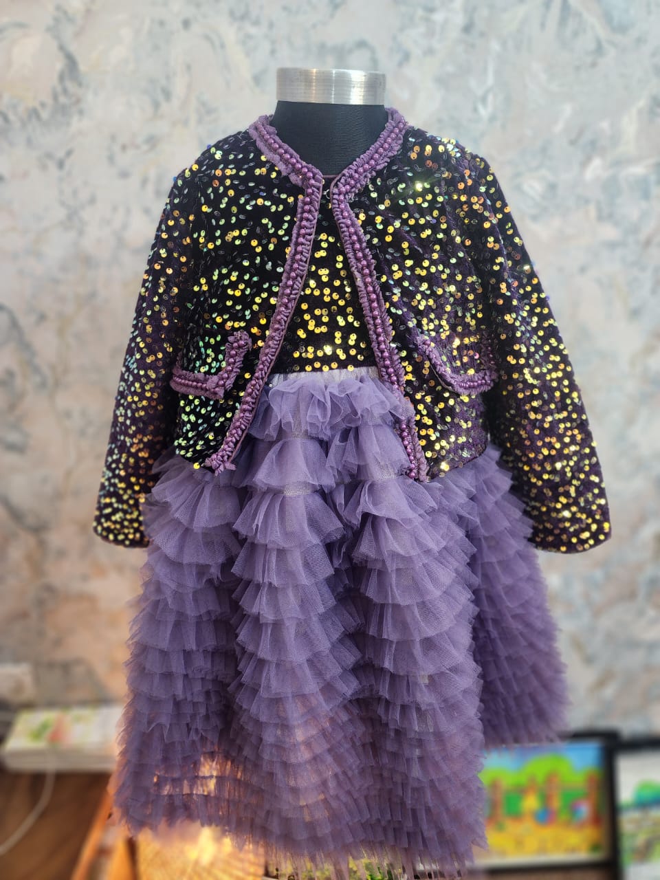 Girls Purple Multi-Layered Bushy Frock with Fancy Jacket