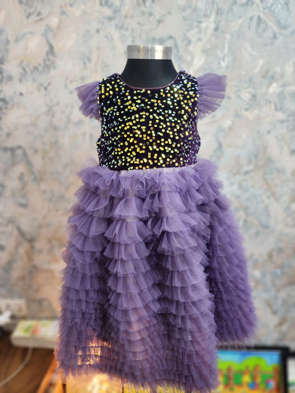 Girls Purple Multi-Layered Bushy Frock with Fancy Jacket