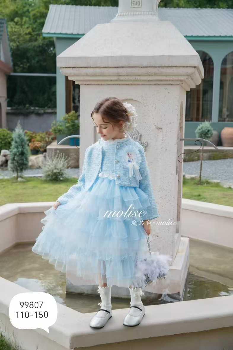 Stylish Lite Blue Baby Girl Winter Dress with Layered Bushy Frock & Fancy Jacket