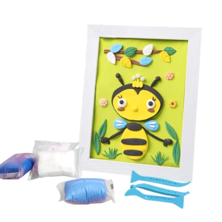 Bee green yellow clay picture frame with cheerful 3D air-dry clay bee, butterflies and garden flowers - nature craft celebrating pollinators