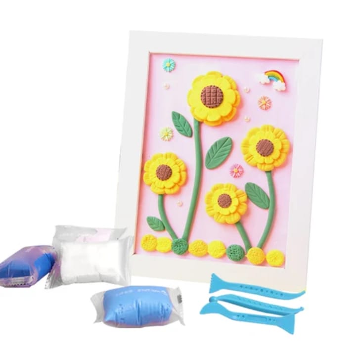 Sunflower yellow clay picture frame with botanical 3D air-dry clay flowers and leaves - cheerful spring-themed kids craft for nature appreciation