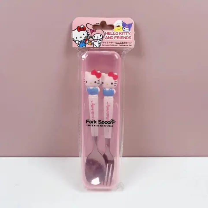 Hello Kitty fork spoon set with adorable Sanrio character design in bright colors - food-grade kids cutlery perfect for school lunches and mealtime