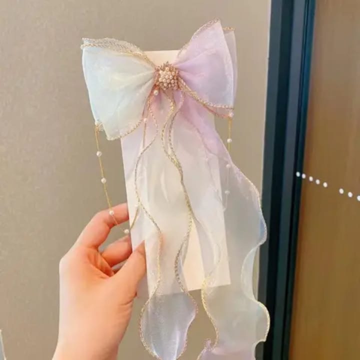 Long Tassel Ponytail Hair Clips – Braided Ribbon with Pearls (Mixed Colors)