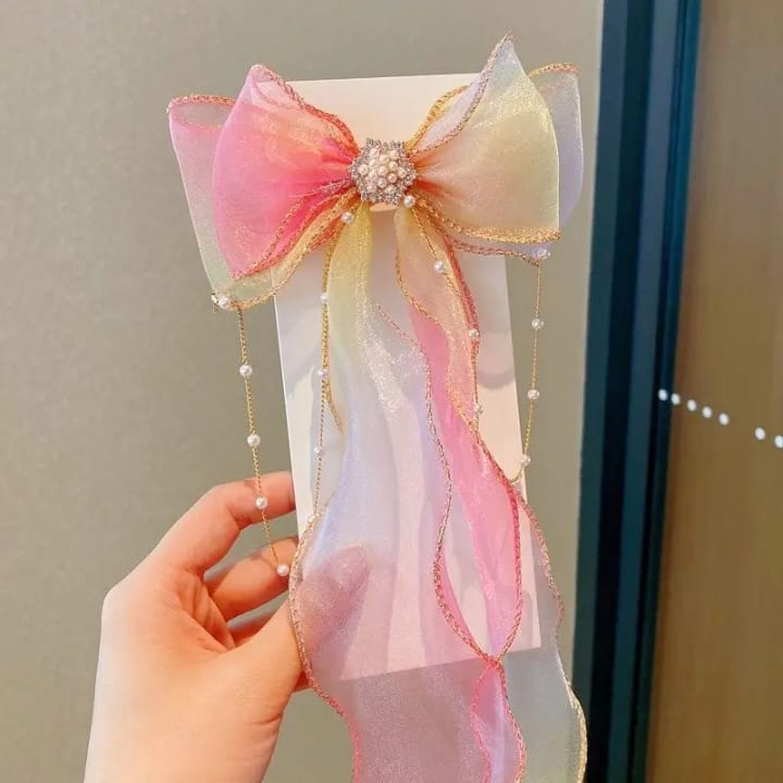 Long Tassel Ponytail Hair Clips – Braided Ribbon with Pearls (Mixed Colors)