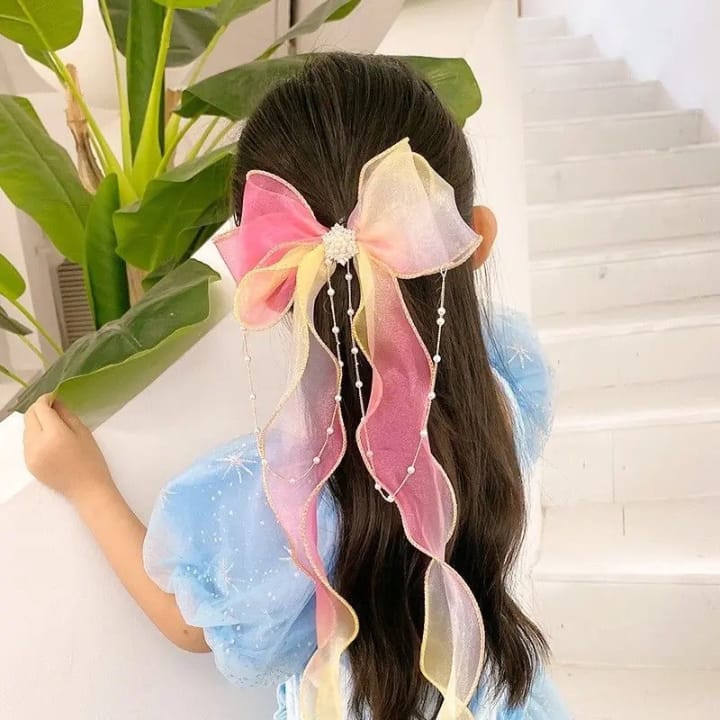 Long Tassel Ponytail Hair Clips – Braided Ribbon with Pearls (Mixed Colors)