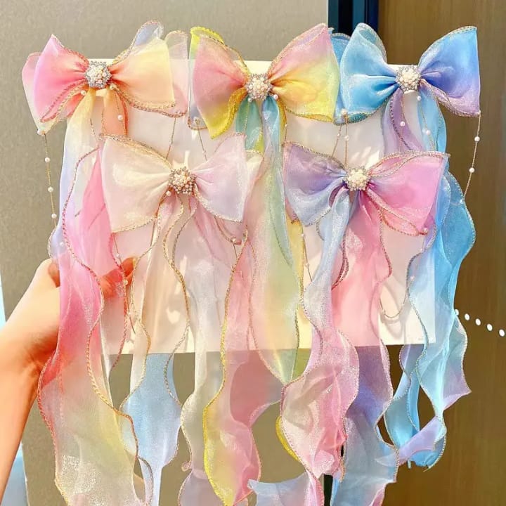 Long Tassel Ponytail Hair Clips – Braided Ribbon with Pearls (Mixed Colors)