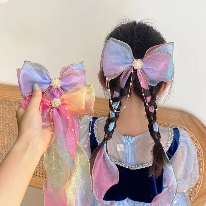 Long Tassel Ponytail Hair Clips – Braided Ribbon with Pearls (Mixed Colors)