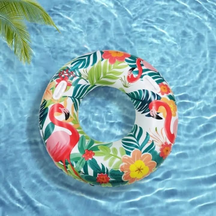 Green leaf flamingo swimming ring with tropical design, safe durable inflatable pool float for kids and adults summer fun