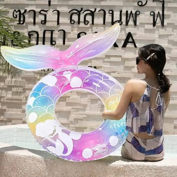 Mermaid pocket loop underarm swimming ring with tropical deep-blue leaf design, safe durable inflatable pool float for kids and adults