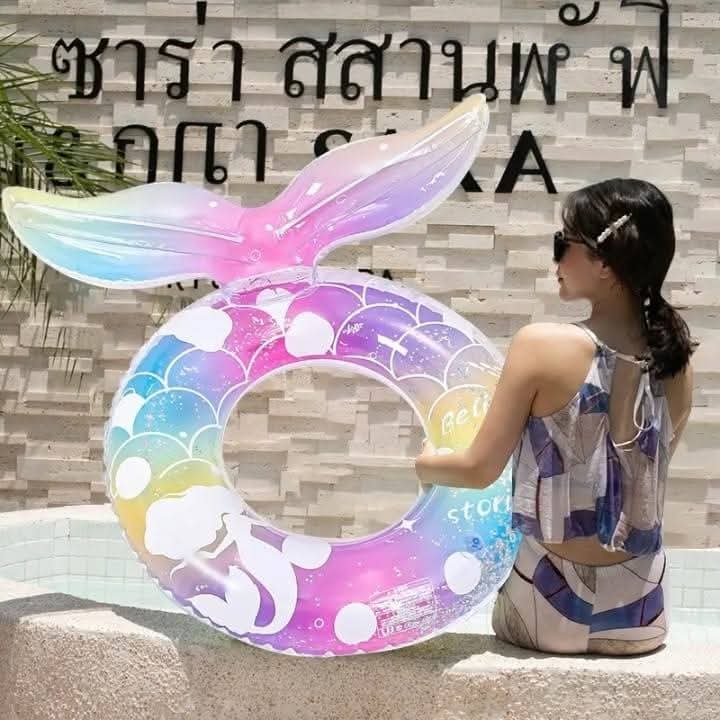 Mermaid pocket loop underarm swimming ring with tropical deep-blue leaf design, safe durable inflatable pool float for kids and adults