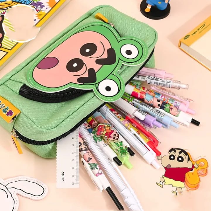 Green Crayon Shin-chan large-capacity pencil case with fun character design, durable lightweight stationery organizer for kids school supplies