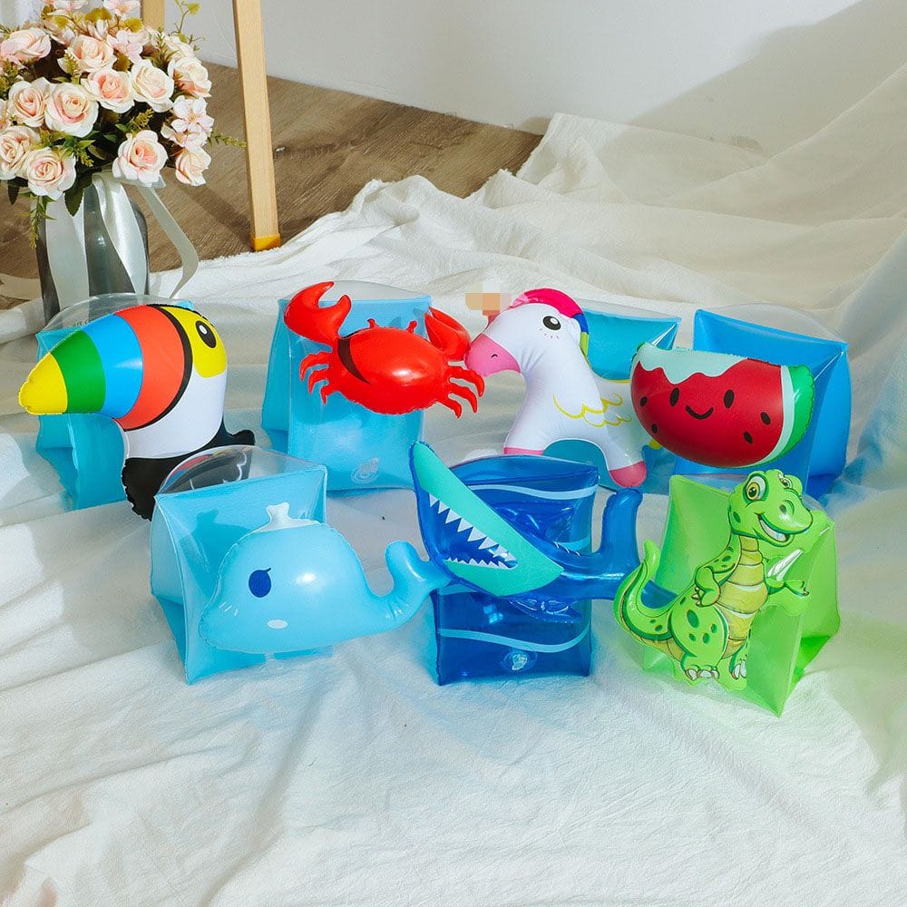 Children's cute cartoon arm swimming rings with yellow orange green blue colors, safe durable floatation armbands for toddlers and kids water learning