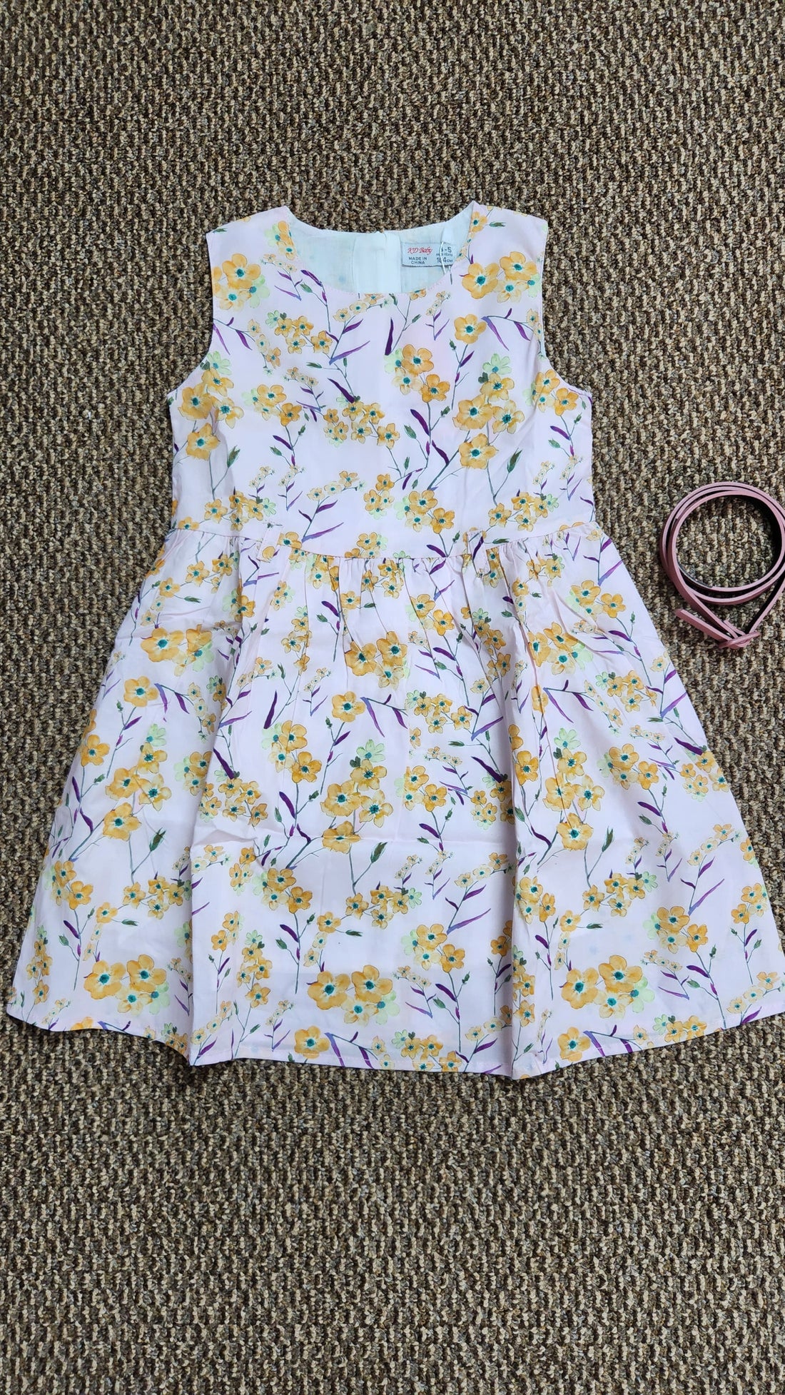 Girls' Floral Print Sleeveless Dress With Belt - Polyester & Spandex Blend