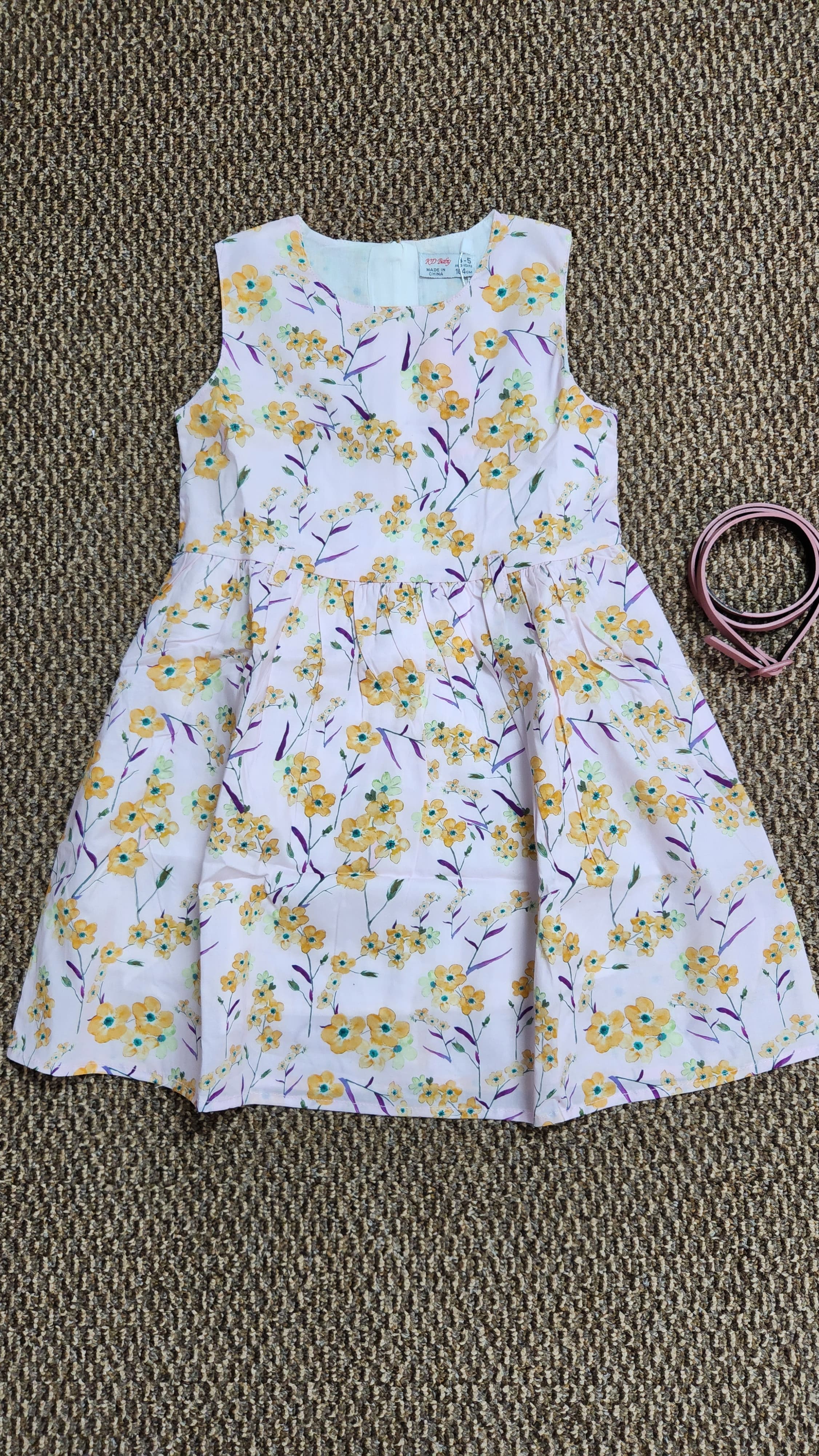 Girls' Floral Print Sleeveless Dress With Belt - Polyester & Spandex Blend