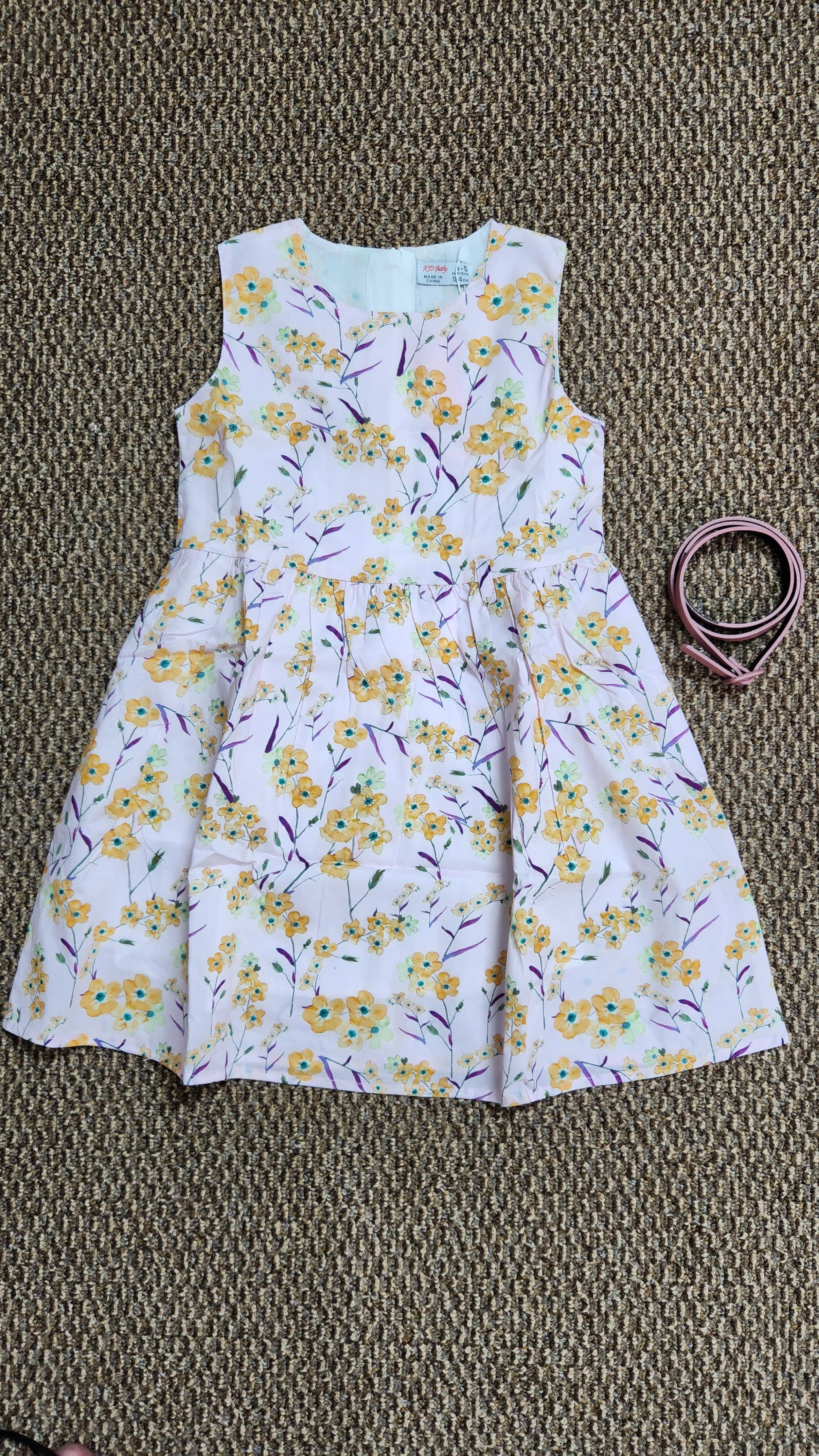 Girls' Floral Print Sleeveless Dress With Belt - Polyester & Spandex Blend