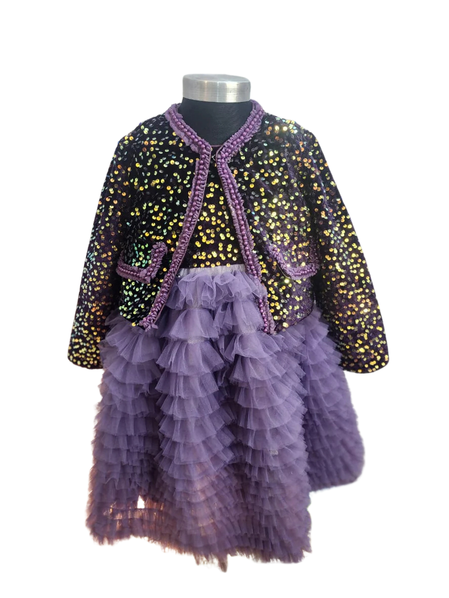 Girls Purple Multi-Layered Bushy Frock with Fancy Jacket