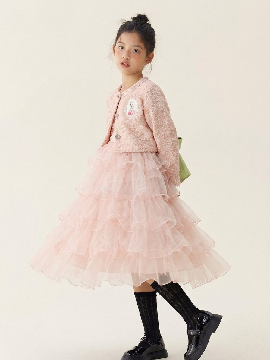 Elegant Baby Girl Winter Dress - Light Pink Multi-Layered Frock with Fancy Jacket