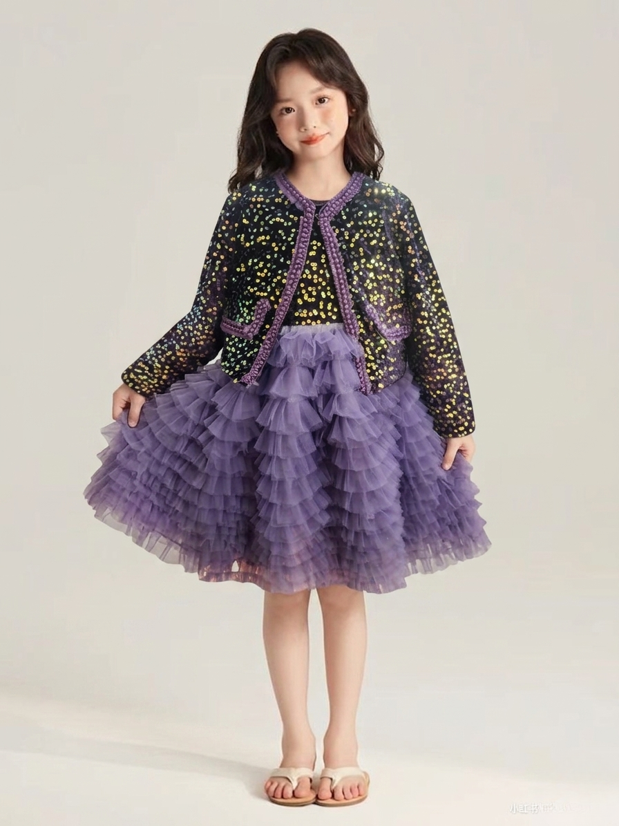 Girls Purple Multi-Layered Bushy Frock with Fancy Jacket