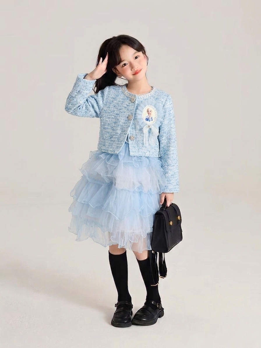 Stylish Lite Blue Baby Girl Winter Dress with Layered Bushy Frock & Fancy Jacket