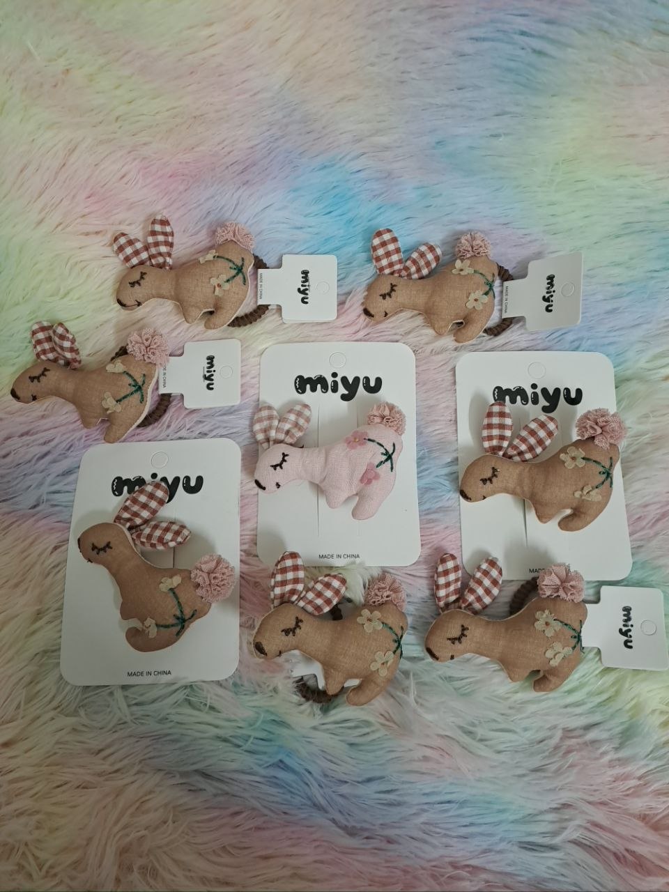 Miyu brand plush bunny hair clip with embroidered sleeping face, gingham check ears, and pom-pom tail for girls