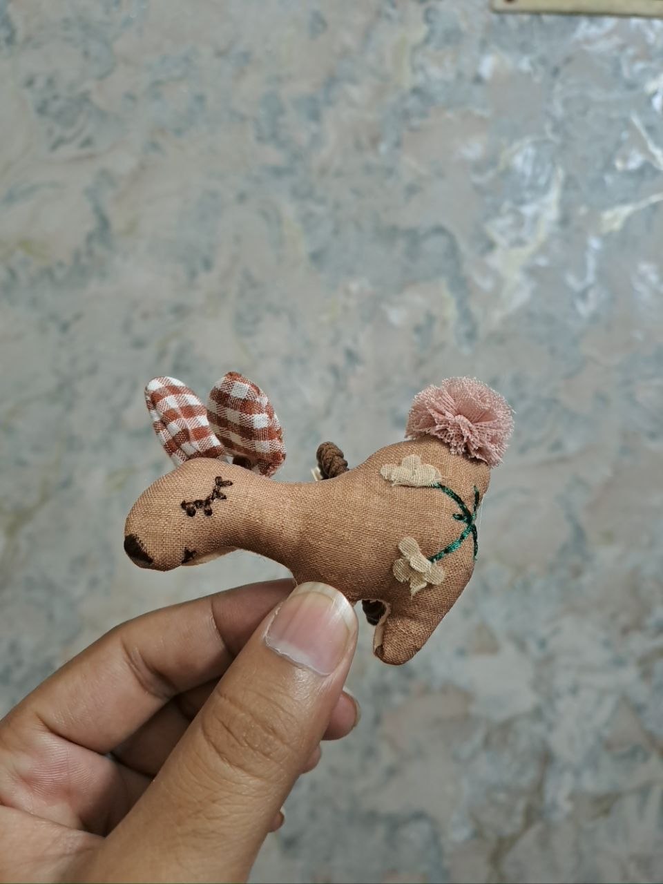 Miyu brand plush bunny hair clip with embroidered sleeping face, gingham check ears, and pom-pom tail for girls