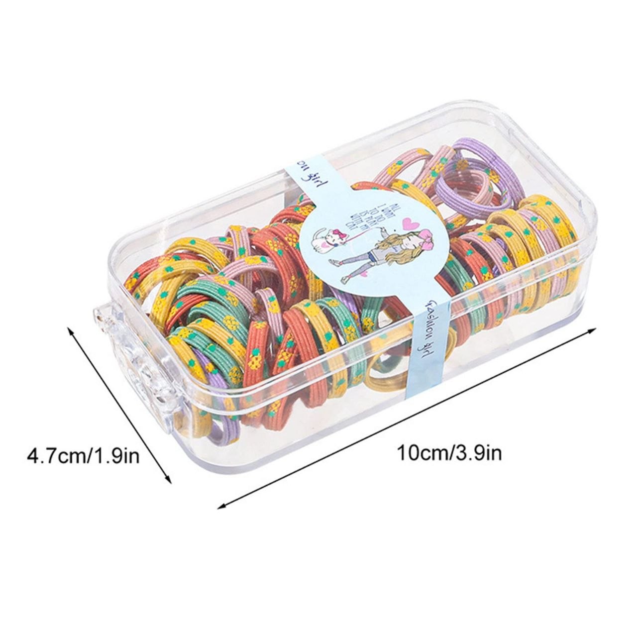Clear storage containers filled with colorful rainbow thin elastic hair ties in various solid and multicolor combinations for girls