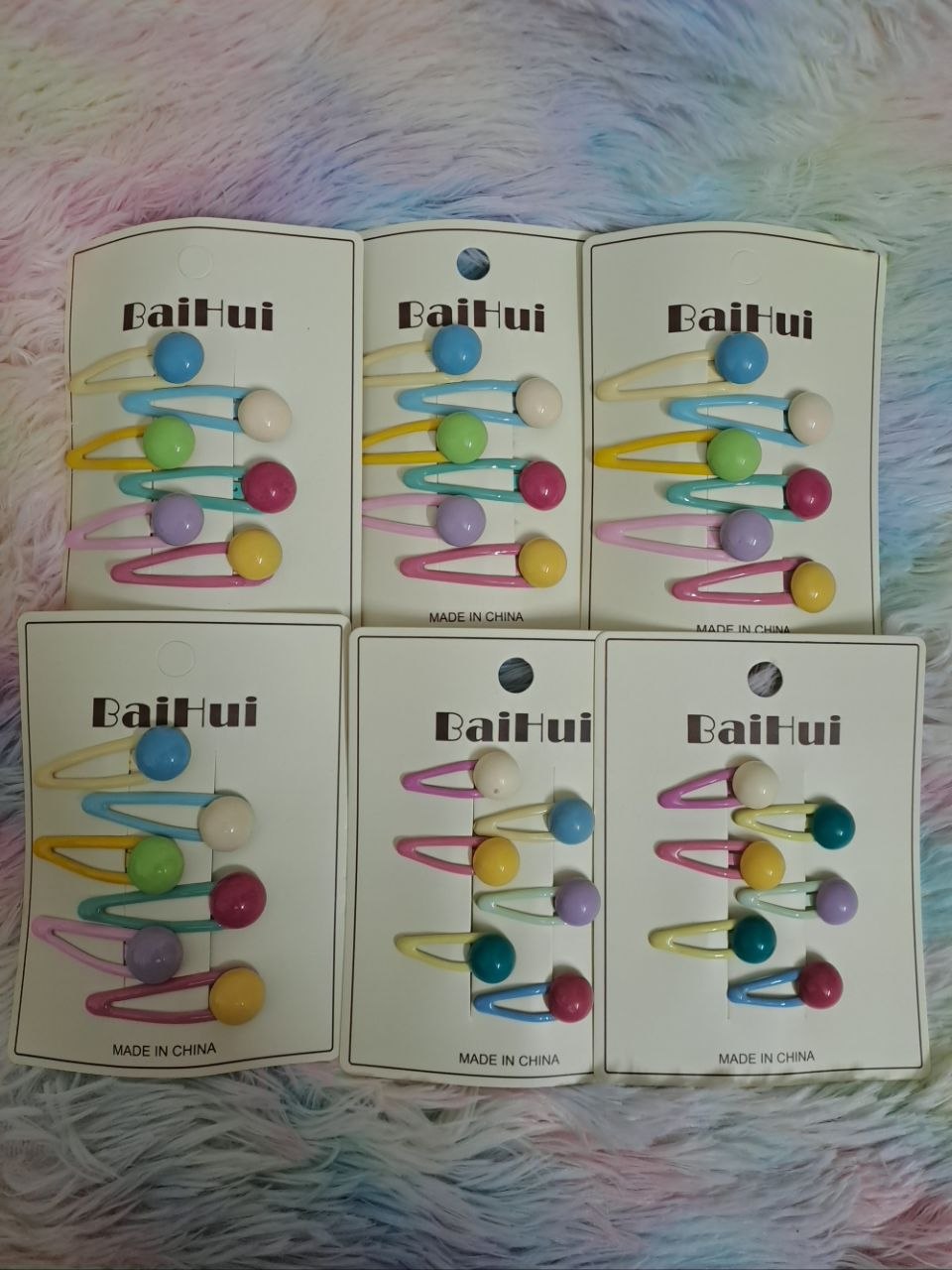 BaiHui brand colorful snap hair clips with glossy round ball decorations in rainbow colors for girls