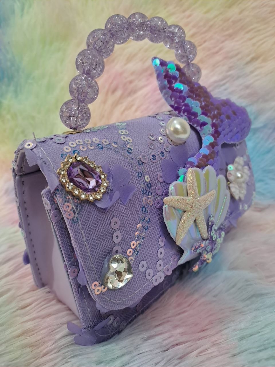 Lavender purple lace evening bag with iridescent holographic mermaid tail, glitter starfish, holographic shell, and purple crystal bead handle for girls