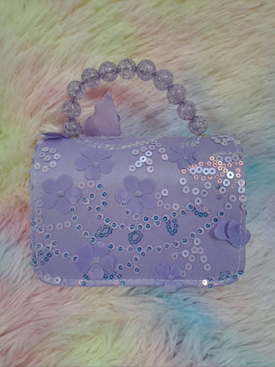 Lavender purple lace evening bag with iridescent holographic mermaid tail, glitter starfish, holographic shell, and purple crystal bead handle for girls