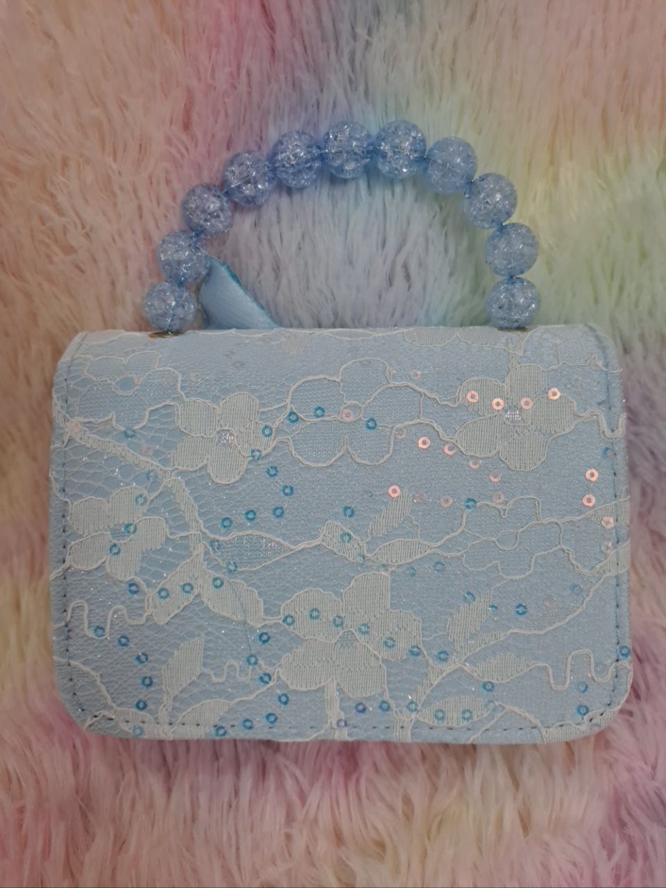 Turquoise brocade lace evening bag with elaborate iridescent mermaid tail, glitter starfish, holographic shell, and clear crystal handle for girls