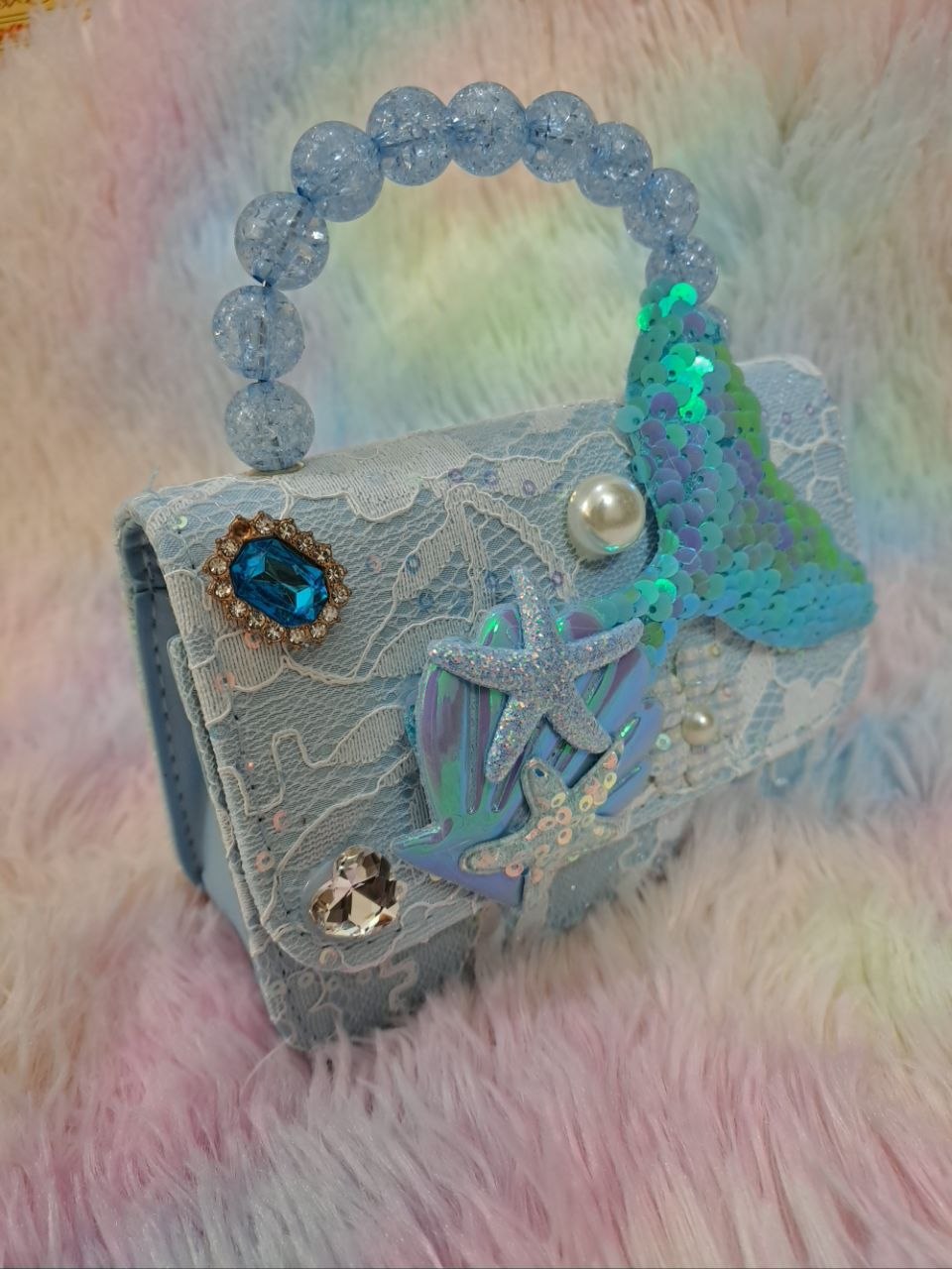Turquoise brocade lace evening bag with elaborate iridescent mermaid tail, glitter starfish, holographic shell, and clear crystal handle for girls