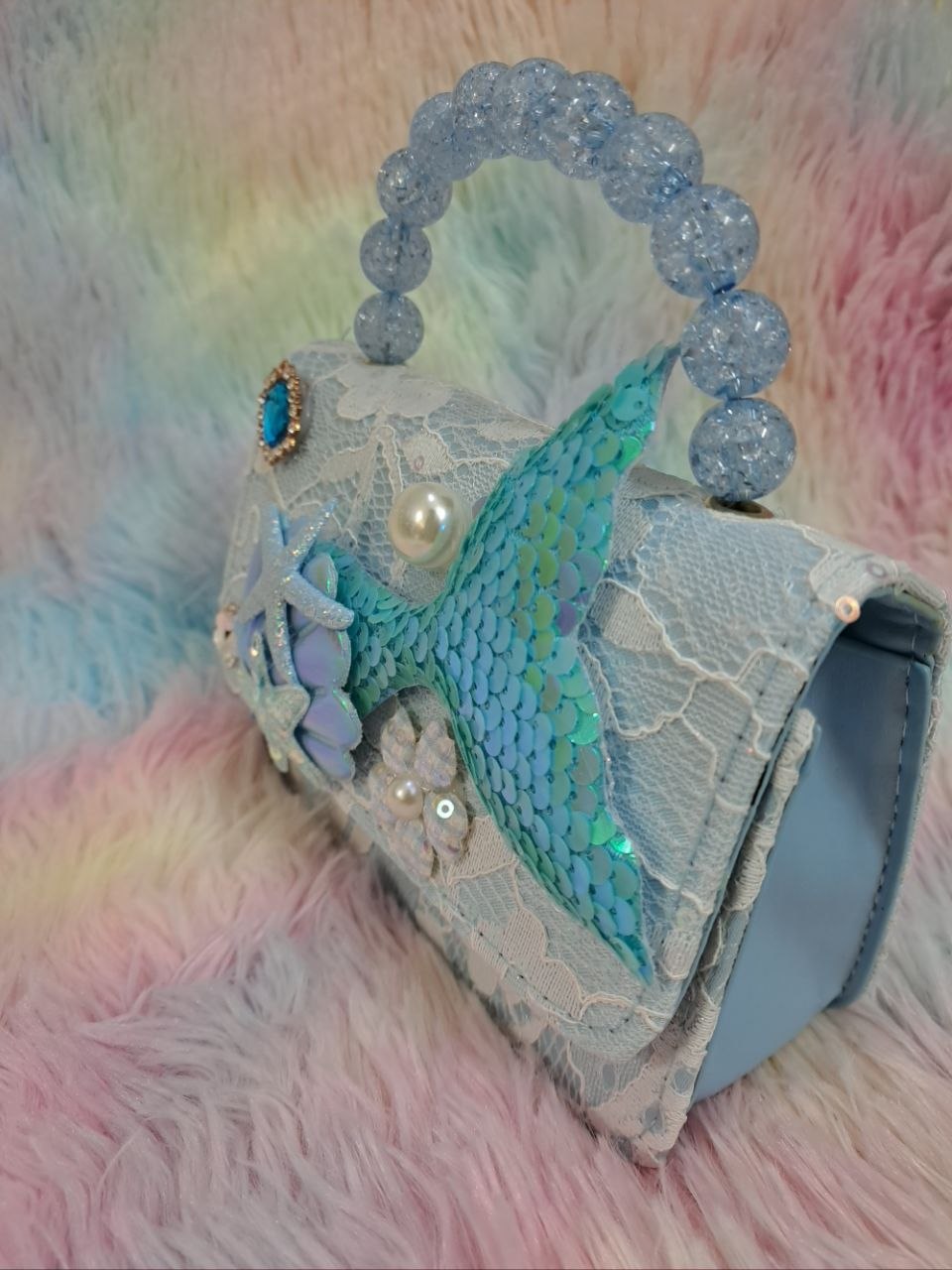 Turquoise brocade lace evening bag with elaborate iridescent mermaid tail, glitter starfish, holographic shell, and clear crystal handle for girls