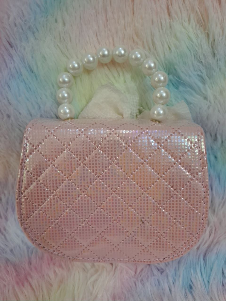 Rose gold pink crystal-covered quilted evening bag with pearl bead handle and ivory tulle flower for girls