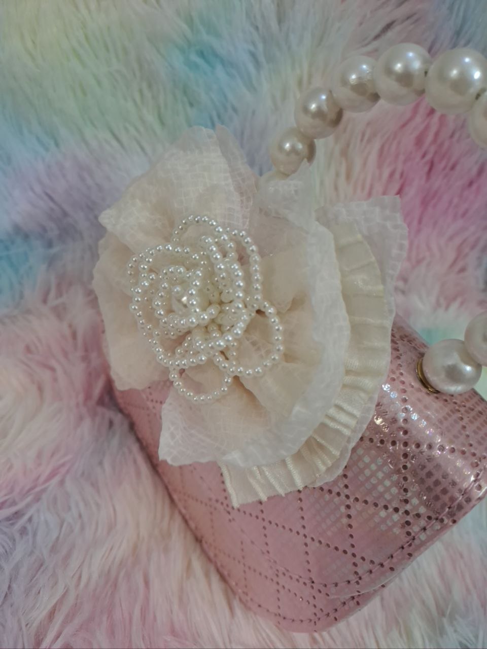 Rose gold pink crystal-covered quilted evening bag with pearl bead handle and ivory tulle flower for girls