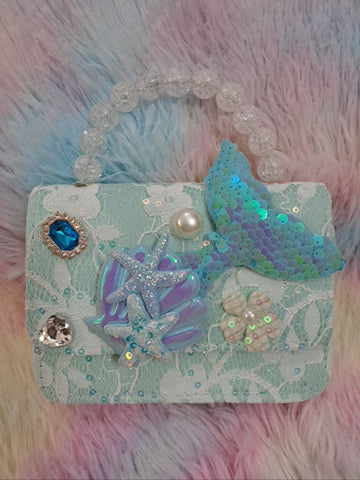 Turquoise lace evening bag with iridescent sequin mermaid tail, glitter starfish, holographic shell, and clear crystal bead handle for girls