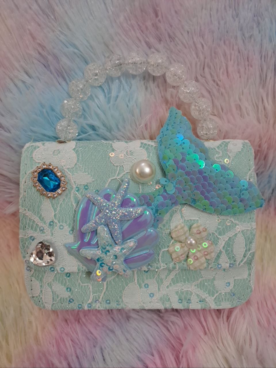 Turquoise lace evening bag with iridescent sequin mermaid tail, glitter starfish, holographic shell, and clear crystal bead handle for girls