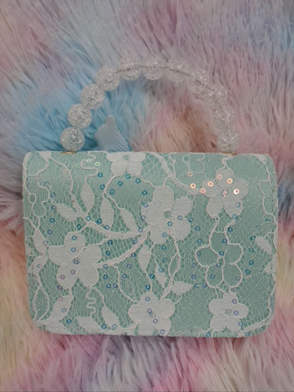 Turquoise lace evening bag with iridescent sequin mermaid tail, glitter starfish, holographic shell, and clear crystal bead handle for girls