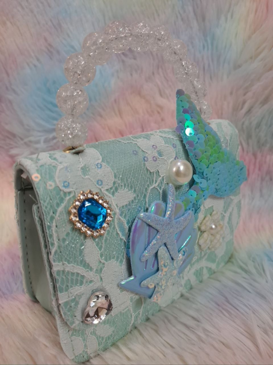 Turquoise lace evening bag with iridescent sequin mermaid tail, glitter starfish, holographic shell, and clear crystal bead handle for girls
