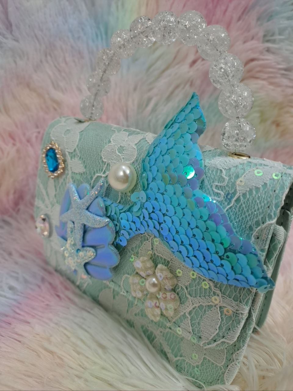 Turquoise lace evening bag with iridescent sequin mermaid tail, glitter starfish, holographic shell, and clear crystal bead handle for girls