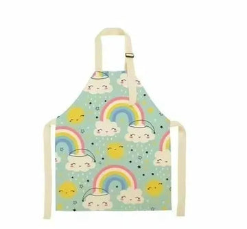 Colorful children's kitchen apron with rainbow and smiling cloud pattern, featuring adjustable neck strap and waist ties on white background