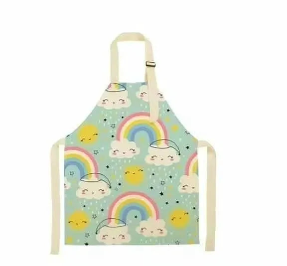 Colorful children's kitchen apron with rainbow and smiling cloud pattern, featuring adjustable neck strap and waist ties on white background