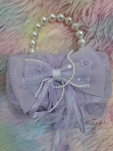 Lavender evening bag with lace details, pearl bead handle, tulle bow with embroidered flowers and pearl strand accents for girls
