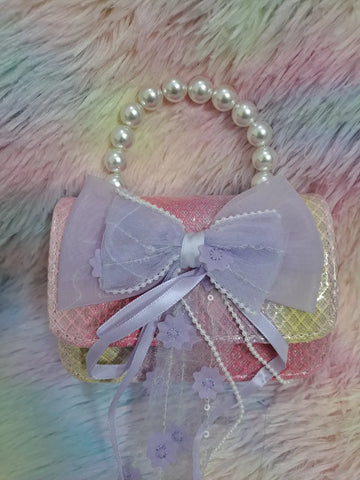 Rainbow multicolor glitter bag with pearl bead handle, lavender tulle bow with pearl and embroidered accents for girls

